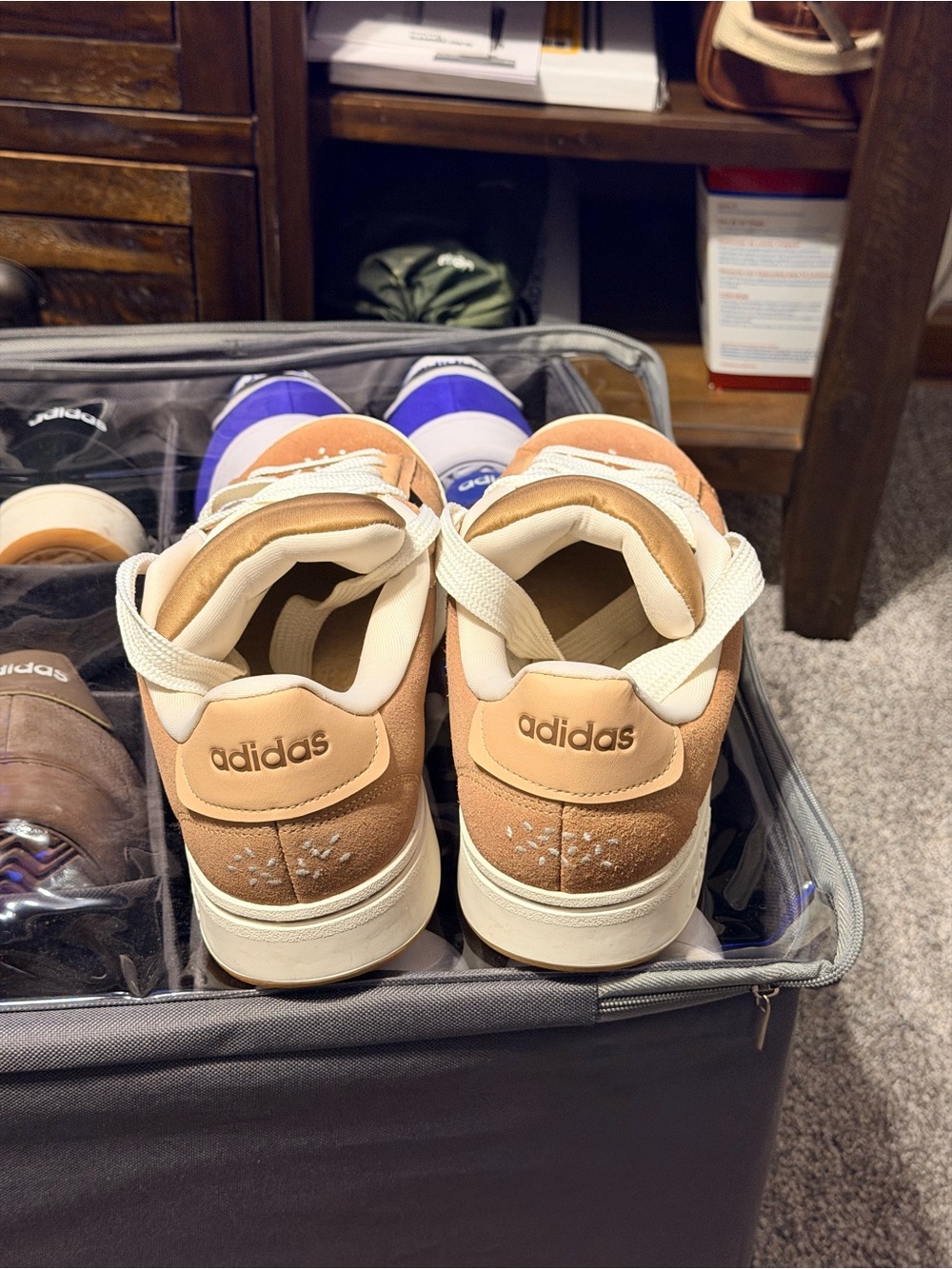 adidas Men’s Suede Sneakers in Tan with Black Stripes - Picture 3 of 4